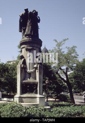 MONUMENTO A LOS SAINETEROS Y CHISPEROS MADRILEÑOS - 1913. Autor: LORENZO COULLAUT VALERA. Lage: an der Außenseite. Spanien. Stockfoto