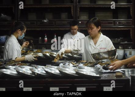 (190526) - Peking, 26. Mai 2019 (Xinhua) - Mitarbeiter einer Apotheke füllen Rezepte der traditionellen Chinesischen Medizin für Patienten in Hangzhou, China Zhejiang Provinz, 26. Mai 2019. Die traditionelle Medizin mit Ursprung aus der Traditionellen Chinesischen Medizin (TCM) wurde in der 11. Revision der Internationalen Klassifikation der Krankheiten (ICD) aufgenommen, markieren einen wichtigen Schritt zur Internationalisierung des TCM. Die Revision war am Samstag bei der 72. Weltgesundheitsversammlung in Genf, Schweiz, genehmigt, nach der China National Administration der Traditionellen Chinesischen Med Stockfoto