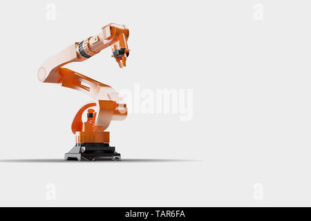 Industrielle Schweißroboter in der Produktionslinie Hersteller werkseitig Robotic Arm Fertigung Maschinen. Große Aussicht, auf Weiß Stockfoto
