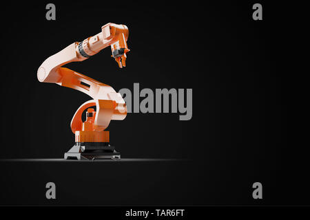 Industrielle Schweißroboter in der Produktionslinie Hersteller werkseitig Robotic Arm Fertigung Maschinen. Große Aussicht, auf Schwarz Stockfoto