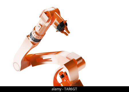 Industrielle Schweißroboter in der Produktionslinie Hersteller werkseitig Robotic Arm Fertigung Maschinen. Seitenansicht, auf Weiß. Stockfoto