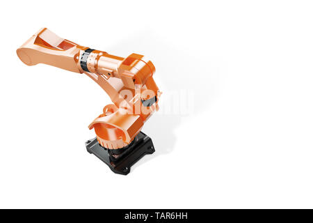 Industrielle Schweißroboter in der Produktionslinie Hersteller werkseitig Robotic Arm Fertigung Maschinen. Ansicht von oben, auf Weiß Stockfoto