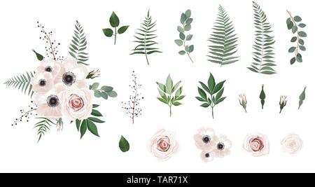 Eingestellt von floralen Zweig. Anemonen, Rosa, grüne Blätter. Blumen Poster, einladen. Satz Blätter, flowersbranches Kräuter und andere natürliche Elemente Stock Vektor