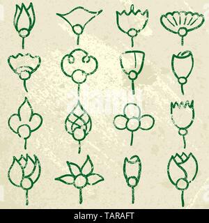 Vector Illustration von Hand gefertigt Blume Symbole über grunge Hintergrund. Stock Vektor