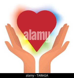 Vector Abbildung von zwei Händen unterstützt einen farbigen Herzen. Stock Vektor