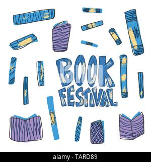 Book Festival Konzept. Buchen Sie im Doodle style Set. Symbole der Lesung. Vector Illustration. Stock Vektor