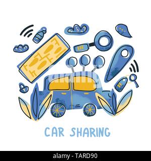 Car Sharing-Konzept. Hand Schriftzug mit Symbolen. Vector Illustration. Stock Vektor