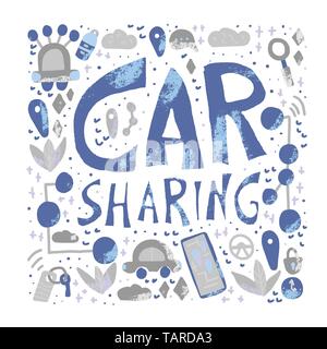 Car Sharing-Konzept. Hand Schriftzug mit Symbolen. Vector Illustration. Stock Vektor