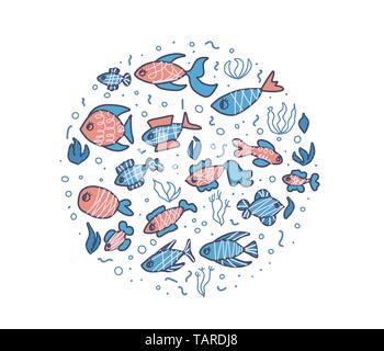 Fisch Sammlung isoliert. Runde Abzeichen von niedlichen Aquarium Fische Zeichen in doodle Stil. Vector Farbe conceptusl Abbildung. Stock Vektor