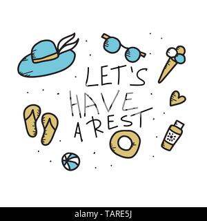 Läßt einen Rest zitieren. Satz von Reisen Symbole in doodle Stil. Poster, Banner, Grußkarte, Drucken isoliert Typografie und Elemente. Farbe Lllustrat Stock Vektor