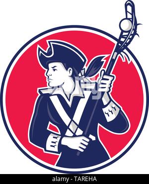 Maskottchen Symbol Abbildung eines weiblichen American Patriot als Lacrosse Spieler laufen mit lacrosse im inneren Kreis Stick auf isolierten Hintergrund in retro Stock Vektor