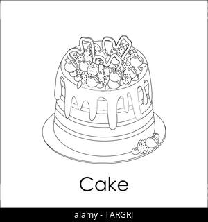 Malbuch Seite. Hohe gestreifte berry Kuchen in doodle Stil. Auf der Oberseite der Schokolade gegossen, mit sortierten Erdbeeren, Blaubeeren, Kirschen eingerichtet. Stock Vektor
