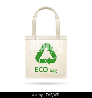 Realistische shopping ecobag. Absackung Tuch weißen Beutel, Vektoren bagful recyceltem Segeltuch sac Illustration, wiederverwendbare grünem Stoff einkaufen Handtasche Stock Vektor