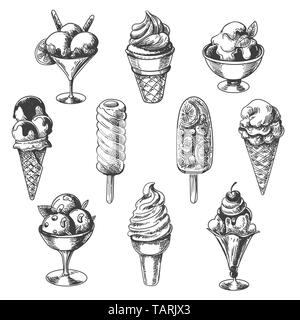 Vintage Ice Cream. Skizze icecream Objekte, Hand gezeichnet Eis Torte und Stick, Vanille Kegel und Eisbecher Schüssel Desserts, Vektor, Abbildung Stock Vektor