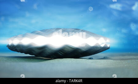 Die Mutter der Perlen unter Wasser. Geschlossen sea shell Unterwasser selbstleuchtende von Innen. Austern und Perlen auf die Unterwasser sandigen Meeresgrund. Sonnenlicht. Stockfoto