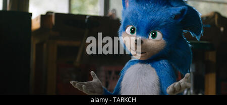 Sonic the Hedgehog ist eine bevorstehende Abenteuer Comedy Film produziert und von Paramount Pictures vertrieben und auf dem gleichnamigen video game Franchise veröffentlicht von Sega. Der Film ist von Jeff Fowler und geleitet von Patrick Casey, Josh Miller, und Oren Uziel, aus einer Geschichte von Van Robichaux und Evan Susser geschrieben. Dieses Foto ist nur für den redaktionellen Gebrauch bestimmt und unterliegen dem Copyright der Film Company und/oder der bezeichneten Fotograf durch den Film oder die Produktion Firma zugewiesen. Stockfoto