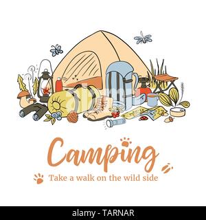 Camping Plakat Vorlage. Wandern durch die Wildnis. Wandern Symbole farbige Skizze Stil. Vektor Sammlung. Frame auf top Text, kopieren. Vektor Stock Vektor