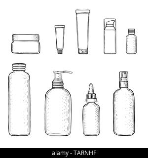 Set Vektor leer Vorlagen leerer Behälter: Flaschen mit Spray, Dispenser und Dropper, Creme jar, Rohr. Realistische 3d Mock-up von kosmetischen Paket. Stock Vektor