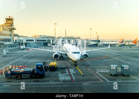 Dublin, Irland, Mai 2019 Dublin Airport Terminal 1, mehrere Flugzeuge werden auf Flugplatz für Flüge vorbereitet, sunrise Stockfoto