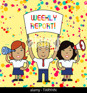 Text Zeichen angezeigt Wochenbericht. Business Foto präsentiert Informationen über das, was innerhalb der Woche Menschen mit leeren Banner, Megaphon bekannt geworden sind ein Stockfoto