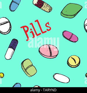 Bunte Pillen um Inschrift, Hand gezeichnet doodle Skizze, Illustration, nahtlose Muster Design auf weichem türkisfarbenem Hintergrund Stockfoto