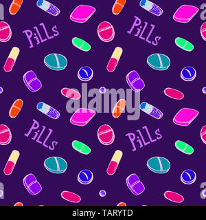 Bunte Pillen um Inschrift, Hand gezeichnet doodle Skizze, Illustration, nahtlose Muster auf dunkelblauem Hintergrund Stockfoto