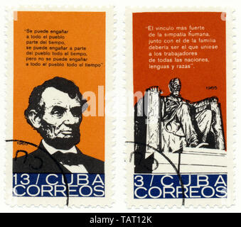 Historische Briefmarken aus Kuba, Historische Briefmarken, Andenken an den amerikanischen Präsidenten Abraham Lincoln, 1965, Kuba, Nordamerika Stockfoto