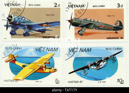 Historische Briefmarken aus Vietnam, Historische Briefmarken aus Vietnam, Flugzeuge, 1986 Stockfoto