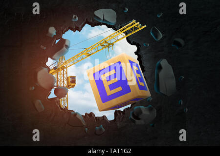 3D-Rendering von Hebekran mit großen ABC Block mit dem Buchstaben E, Stanzen großes Loch in schwarze Wand mit blauem Himmel durch das Loch gesehen. Stockfoto