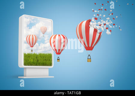 3D-Rendering der digitalen Anzeige grünes Feld mit gestreiften Heißluft-ballons Fliegen aus dem Bildschirm, der nächste Ballon in Partikel auflösen. Stockfoto