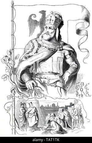 Friedrich I, Barbarossa, 1122 - 1190, historische Darstellung aus dem 19. Jahrhundert, Friedrich I. oder (Rotbart) Barbarossa (1122 - 1190); Staufer; als Friedrich III. Herzog von Schwaben, römisch-deutscher König und Kaiser des Heiligen Römischen Reiches, historische Zeichnung aus dem 19. Jahrhundert Stockfoto