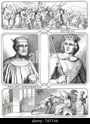 Otto IV. von Braunschweig, 1175-1218, und die Ermordung von Philipp von Schwaben, 1177 - 1208, historische Darstellung aus dem 19. Jahrhundert, Otto IV. von Braunschweig (1175-1218) aus dem Haus der Welfen, römisch-deutscher König und römisch-deutscher Kaiser des Heiligen Römischen Reiches und die Ermordung von Philipp von Schwaben 1177 - 1208) aus dem Adelsgeschlecht der Staufer, Bischof des Bistums Würzburg, Herzog von Franken, Markgraf von Tuszien, Herzog von Schwaben und römisch-deutscher König, historische Zeichnung aus dem 19. Jahrhundert Stockfoto