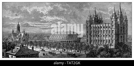 Stadtbild von Salt Lake City mit Rathaus, Tabernakel Concert Hall und der Tempel der Mormonen, Kirche Jesu Christi der Heiligen der Letzten Tage, historischer Stich aus dem 19. Jahrhundert, Stadtansicht von Salt Lake City mit dem Rathaus, der KONZERTHALLE Wohnung und dem Mormonen-Tempel, der Kirche Jesu Christi der Heiligen der Letzten Tage, historischer Stich aus dem 19. Jahrhundert Stockfoto