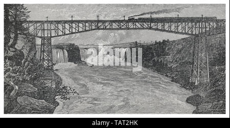 Niagara Brücke oder Michigan Central Railway Brücke, eine Brücke über den Niagara Schlucht als International Railway Bridge zwischen Kanada und den USA, historischer Stich aus dem 19. Jahrhundert, und den Vereinigten Staaten, historischer Stich aus dem 19. Jahrhundert Stockfoto