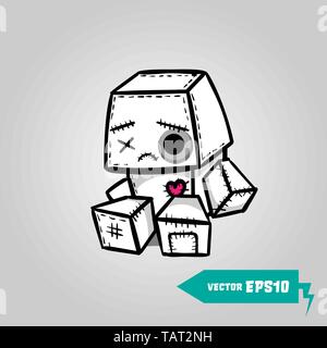 Niedlich bösen Roboter traurig fühlte Halloween Aufkleber. Wütend genäht Voodoo. Comic Book Skizze Vektor. Genähte thread Lustig monochrome zombie Monster. Stock Vektor