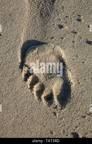 Spuren der Wanderer in den Sand am Strand in der Nähe der Küste. Stockfoto