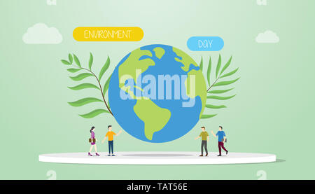 Tag der Umwelt Konzept mit großer Masse und grüne Pflanze mit Team Menschen und Worte mit modernen Flat Style-Vector Illustration Stockfoto