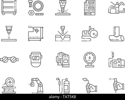 Satz von Schweißen Zeile für Symbole. Ort Maschine, Unterlegscheiben, Schrauben, Lötlampe und mehr. Stock Vektor