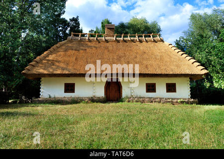 Alte traditionelle ukrainische ländlichen Haus mit Strohdach und Wicker Zaun in den Garten mit grünem Gras und kopieren Raum gegen einen blauen Himmel mit eine Stockfoto