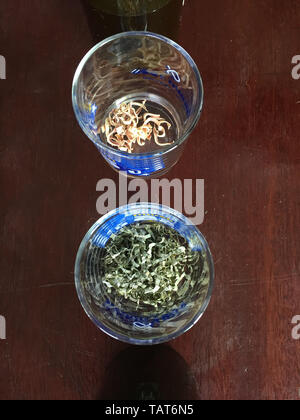 Bestandteile von Tee Stevia. Getrocknete Kräuter Tee Stockfoto