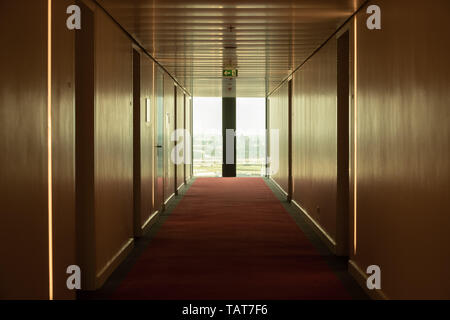 Der Flur mit rotem Teppich und Fenster am Ende. Stockfoto