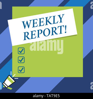 Text Zeichen angezeigt Wochenbericht. Business Foto text Informationen über das, was innerhalb der Woche bekannt geworden sind, Stockfoto