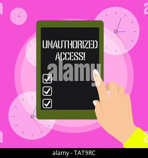 Konzeptionelle Hand schreiben, nicht autorisierten Zugriff. Konzept Bedeutung Verwenden eines Computers oder Netzwerks ohne Erlaubnis weibliche Hand mit polierten Nägel P Stockfoto