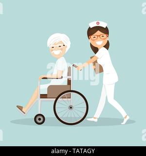 Krankenschwester Schieben eines Patienten im Rollstuhl. Medizin Vector Illustration Stock Vektor