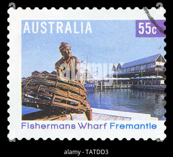 Australien - ca. 2008: einen Stempel in Australien gedruckten zeigt die Fishermans Wharf Fremantle, Perth, WA, ca. 2008. Stockfoto