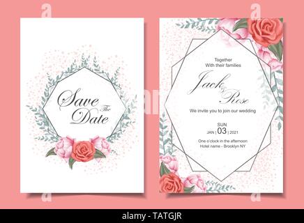 Blumen Hochzeit Einladung Karten Set mit Rosen, wilde Blätter, geometrischen Rahmen und Glitzereffekt Stock Vektor