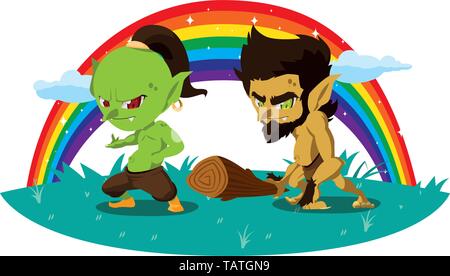 Hässliche Troll mit caveman gnome und Rainbow Vector Illustration Design Stock Vektor