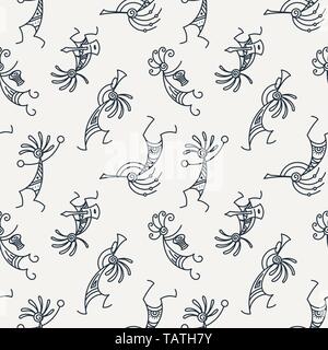 Hand Kokopelli nahtlose Muster gezeichnet. Stilisierte mythische Zeichen Flöten zu spielen. Vektorgrafiken für Drucke. Design, Karten, Kinder- und Malbücher, Stock Vektor