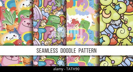 Sammlung von nahtlose Vektor Muster mit cute Cartoon Monster und Bestien. Schön für Verpackung, Geschenkpapier, Malvorlagen, Tapete, Stoff, f Stock Vektor