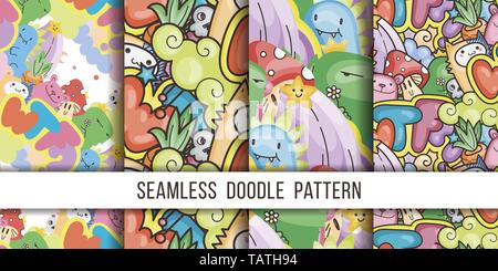 Sammlung von nahtlose Vektor Muster mit cute Cartoon Monster und Bestien. Schön für Verpackung, Geschenkpapier, Malvorlagen, Tapete, Stoff, f Stock Vektor
